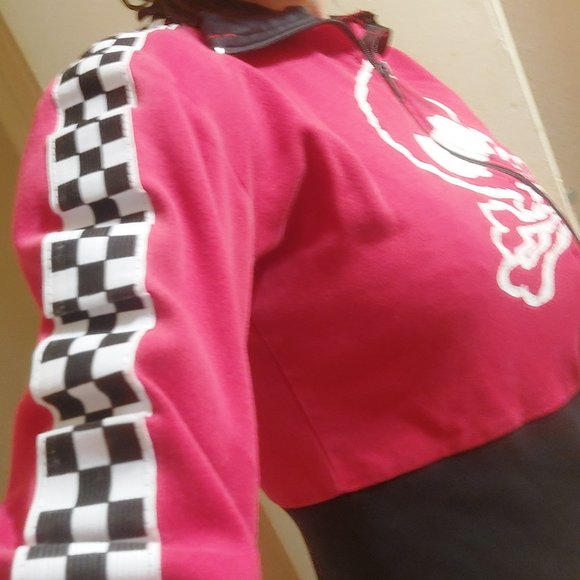 Red black & checkered skull & crossbones cropped moto sweatshirt - Picture 10 of 10